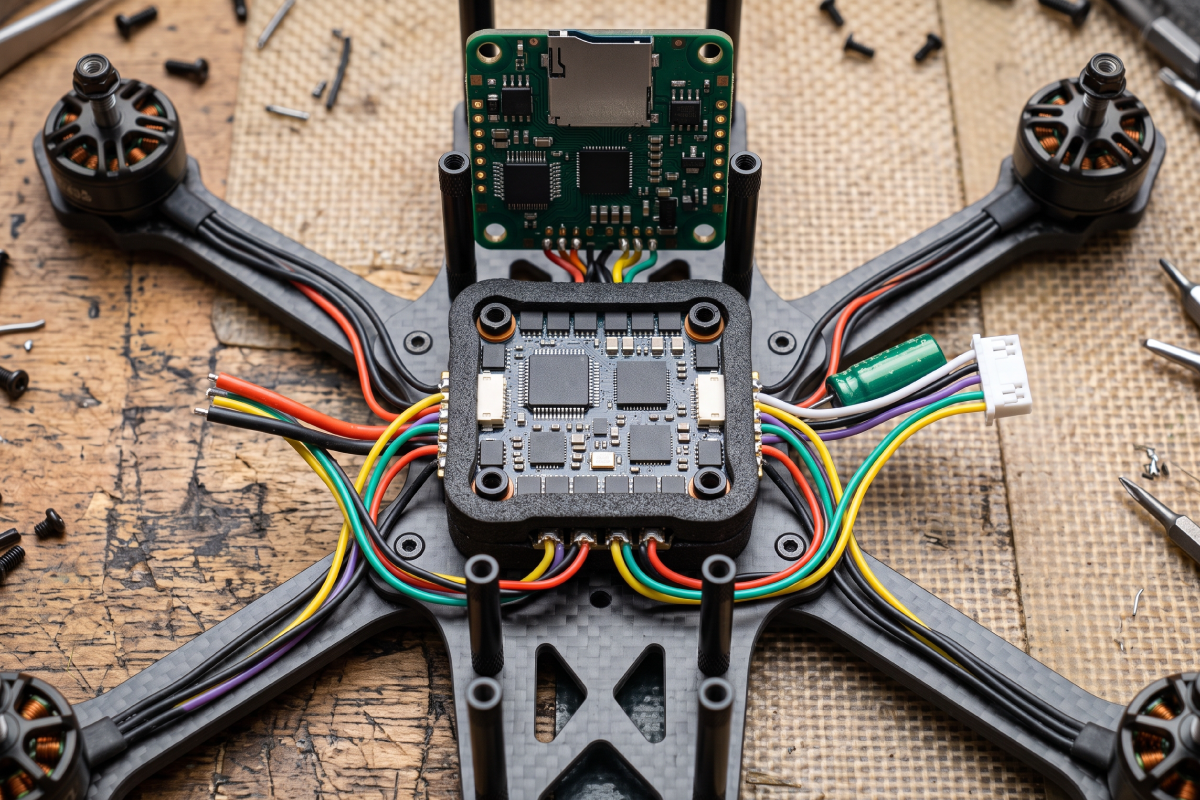 20x20 vs 30x30 Flight Controller Stack: Choosing the Right Size Top view of a flight controller stack mounted on an FPV frame with standoffs, motor wires and a VTX board above
