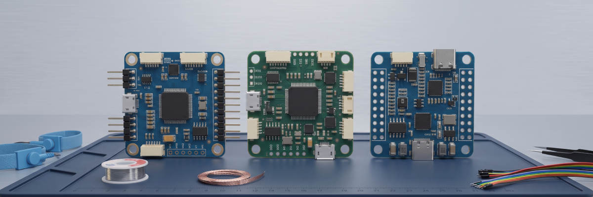 Three FPV flight controller boards side by side on an anti-static mat, used to compare F4, F7 and H7 processors