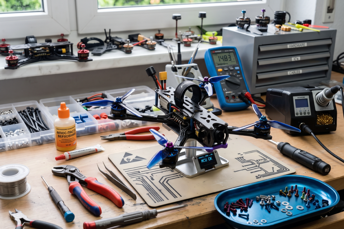 5-inch FPV drone on a test stand with an "MCU OK" display, surrounded by a multimeter, soldering station and tools