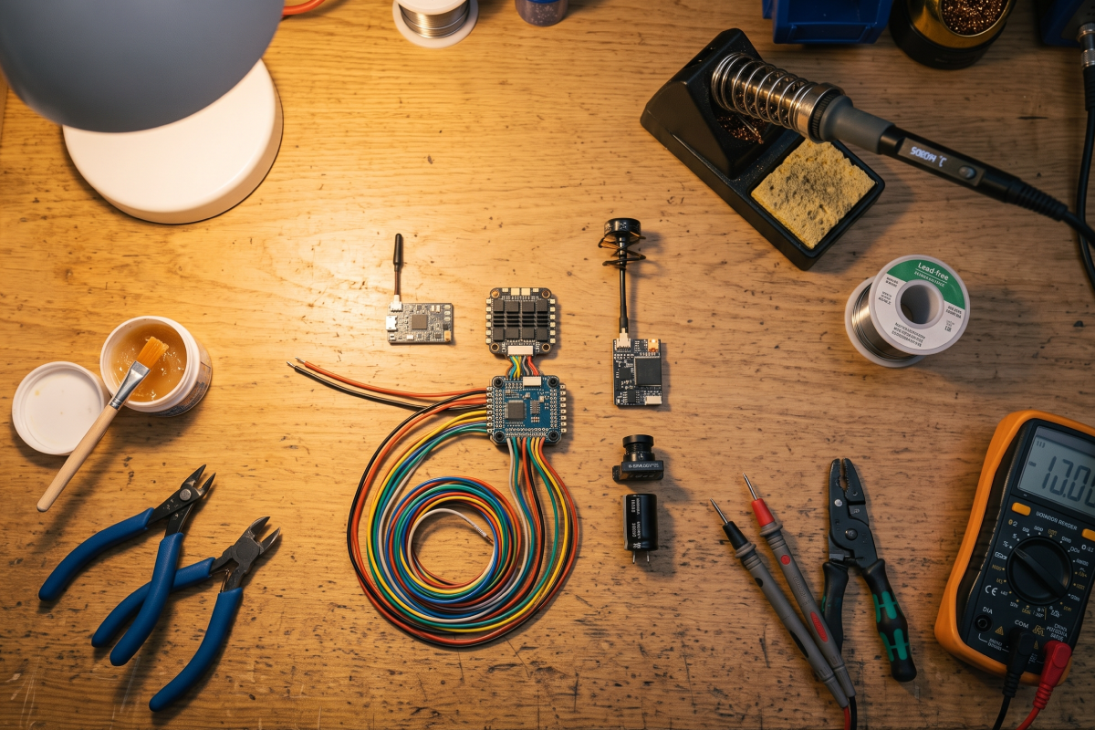 Close-up of an FPV flight controller and ESC stack on a carbon frame, with wired pads, USB-C port and capacitor