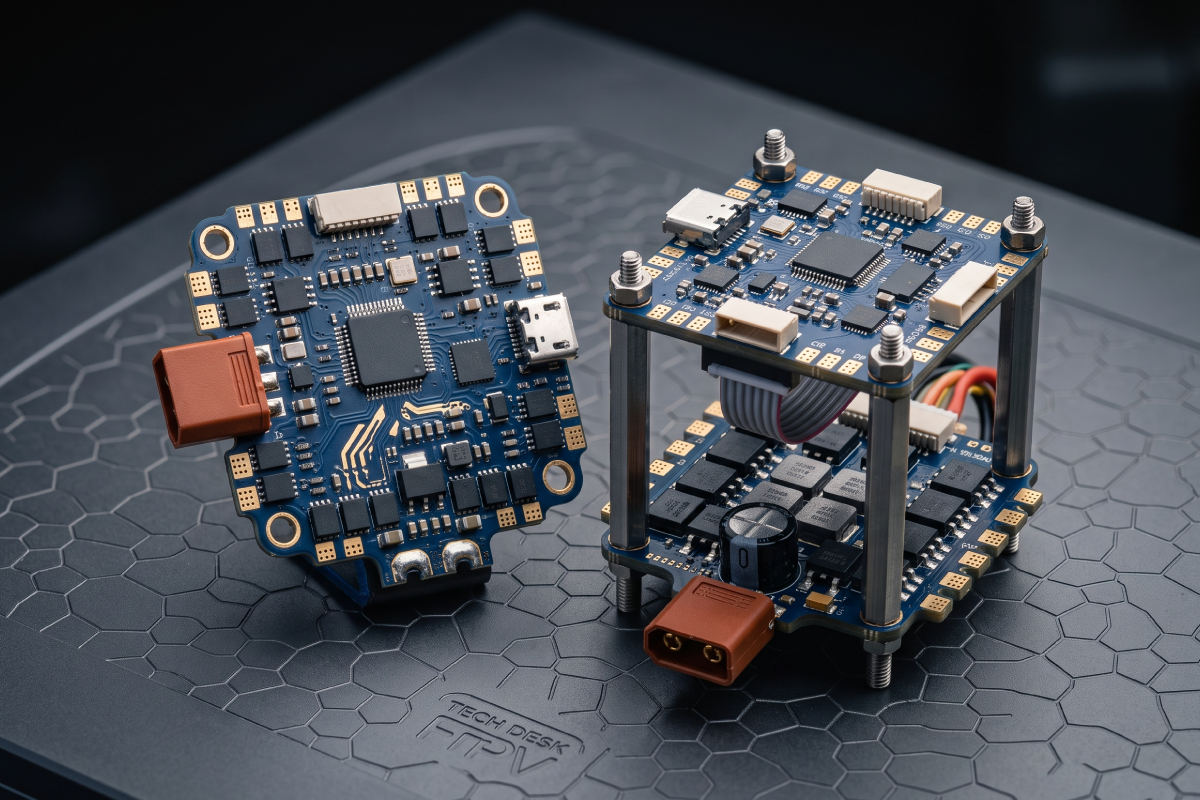 Compatibility Checklist: Flight Controller Stack or AIO Board Single AIO flight controller board next to a two-board FC and ESC stack, both with XT60 power leads