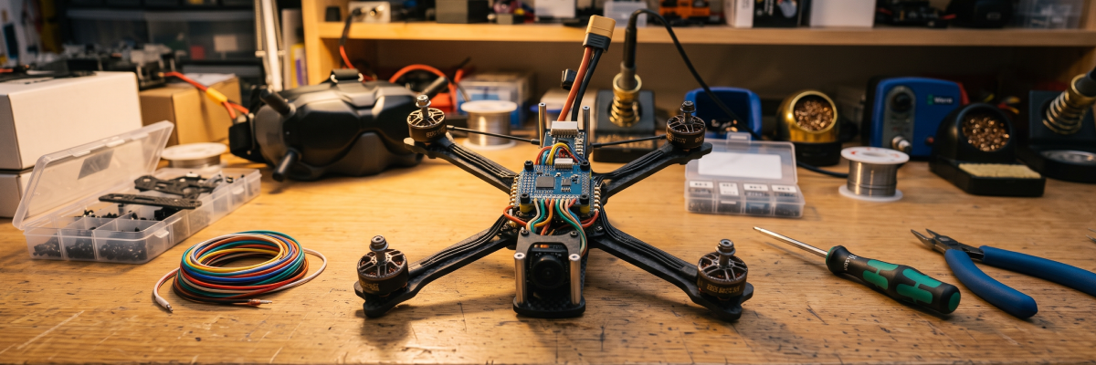 Flight controller, ESC, receiver, VTX, camera and capacitor laid out with a soldering iron, solder, flux and multimeter