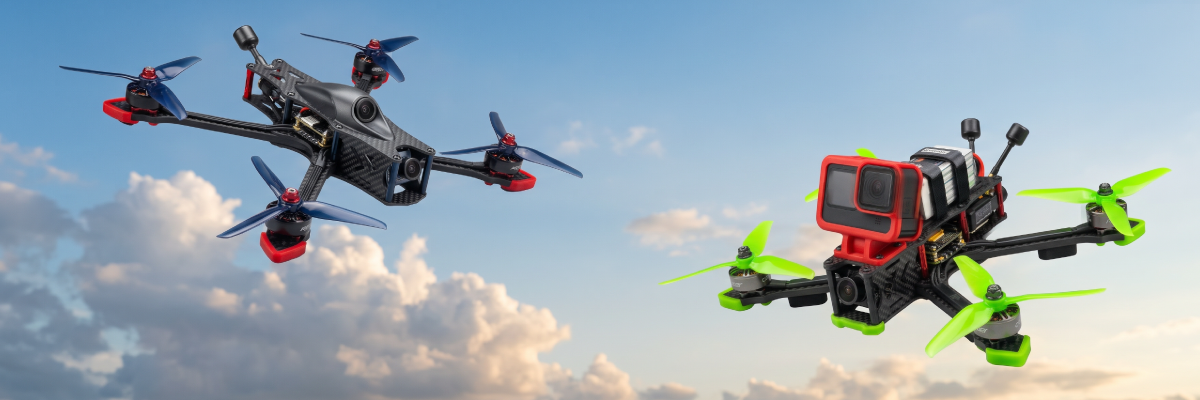White camera drone with a gimbal-mounted camera flying over a forested river valley at sunset