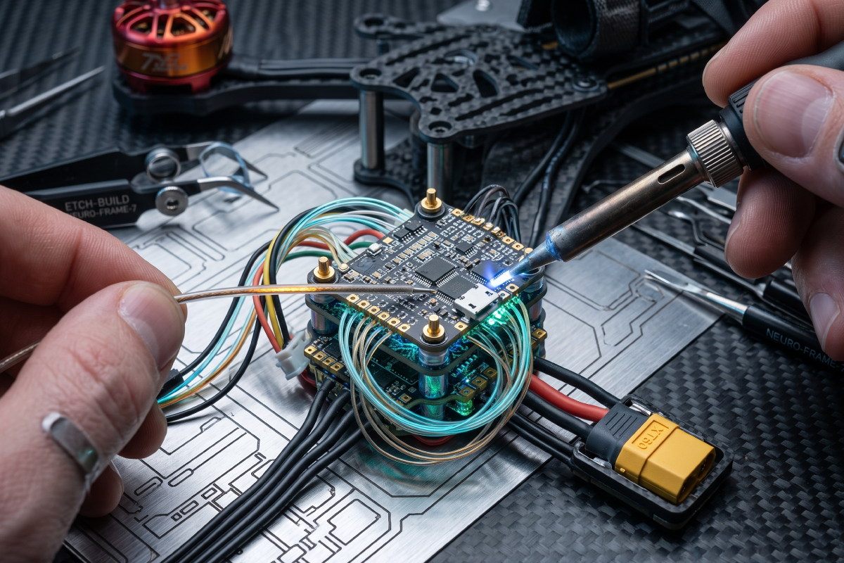 Assembled 5-inch FPV drone with a wired flight controller on a workbench next to goggles, wires and soldering tools
