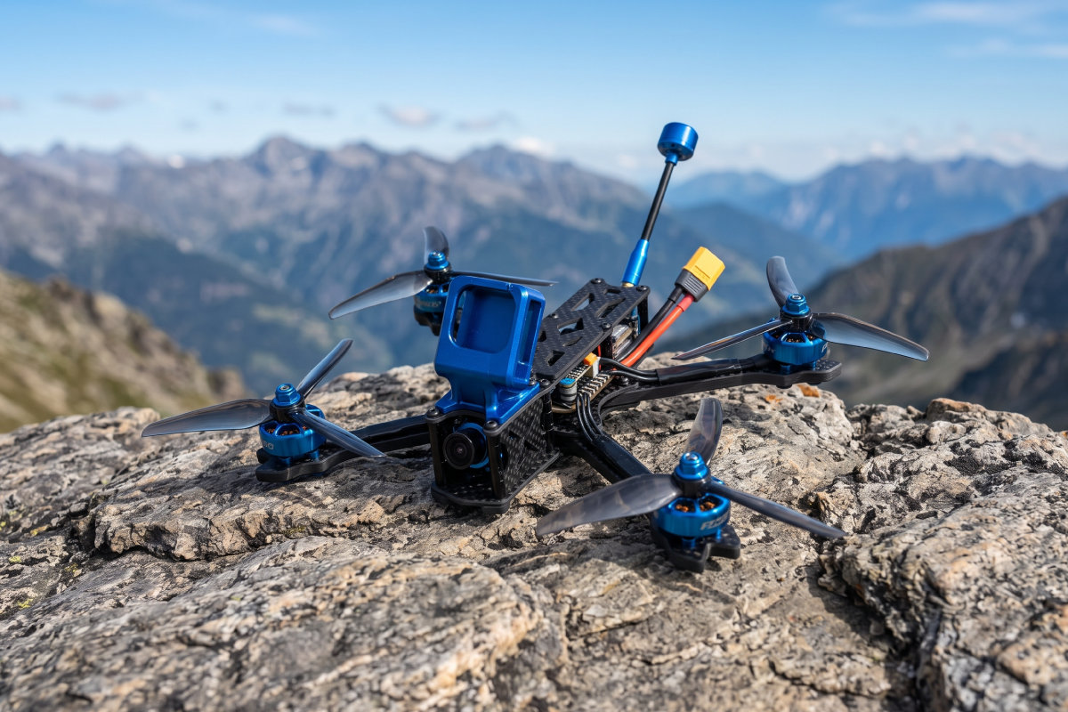 5-inch freestyle FPV drone with blue motors and a GoPro mount resting on a rock in the mountains