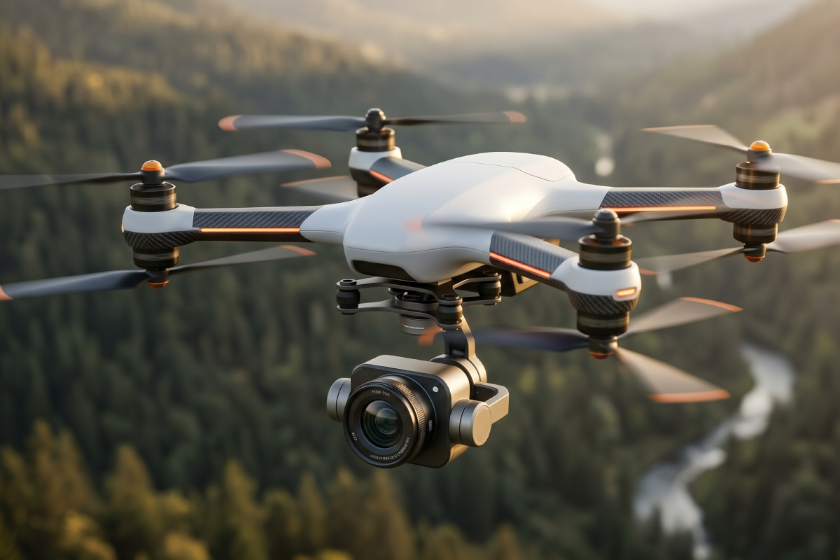 Orange micro FPV drone with ducted propellers held in an open hand against a canyon backdrop
