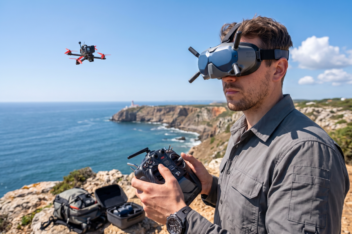 FPV pilot in goggles holding a radio controller while flying a red 5-inch drone over a sea cliff